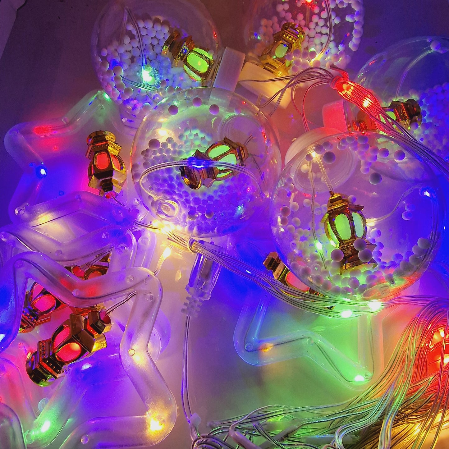 Guirlande lumineuse Ramadan 🌙✨ – Fanous et étoiles dans des bulles, multicolore